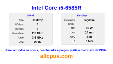 Intel Core i5-6585R Especificações e benchmarks da CPU
