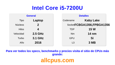 Intel Core i5-7200U Especificaciones y benchmarks de la CPU