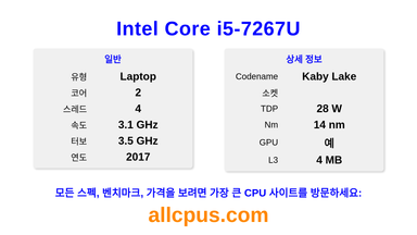 Intel Core i5-7267U CPU 사양과 벤치마크