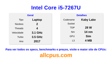 Intel Core i5-7267U Especificações e benchmarks da CPU
