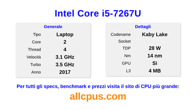 Intel Core i5-7267U Specifiche e benchmark della CPU