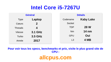 Intel Core i5-7267U Spécifications et benchmarks du CPU