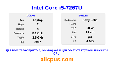 Intel Core i5-7267U Характеристики и бенчмарки CPU