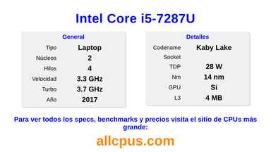 Intel Core i5-7287U Especificaciones y benchmarks de la CPU