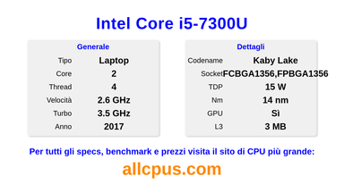 Intel Core i5-7300U Specifiche e benchmark della CPU