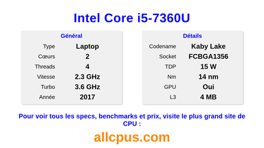 Intel Core i5-7360U Spécifications et benchmarks du CPU