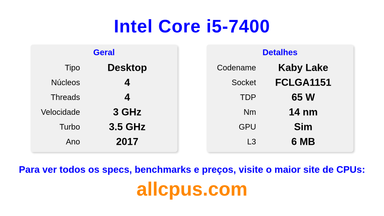 Intel Core i5-7400 Especificações e benchmarks da CPU