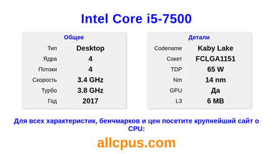 Intel Core i5-7500 Характеристики и бенчмарки CPU