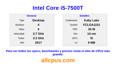 Intel Core i5-7500T Especificaciones y benchmarks de la CPU