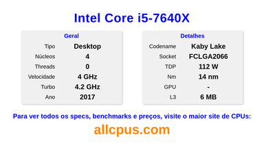 Intel Core i5-7640X Especificações e benchmarks da CPU