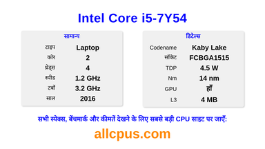 Intel Core i5-7Y54 CPU की स्पेसिफिकेशन और बेंचमार्क