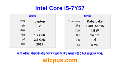 Intel Core i5-7Y57 CPU की स्पेसिफिकेशन और बेंचमार्क