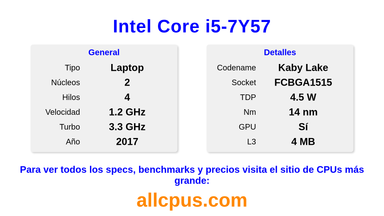 Intel Core i5-7Y57 Especificaciones y benchmarks de la CPU