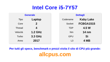 Intel Core i5-7Y57 Specifiche e benchmark della CPU