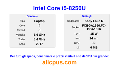 Intel Core i5-8250U Specifiche e benchmark della CPU