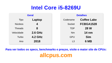 Intel Core i5-8269U Especificações e benchmarks da CPU
