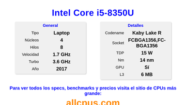 Intel Core i5-8350U Especificaciones y benchmarks de la CPU