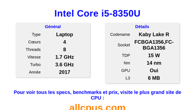 Intel Core i5-8350U Spécifications et benchmarks du CPU