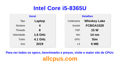 Intel Core i5-8365U Especificações e benchmarks da CPU