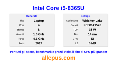 Intel Core i5-8365U Specifiche e benchmark della CPU