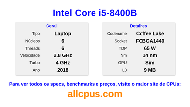 Intel Core i5-8400B Especificações e benchmarks da CPU