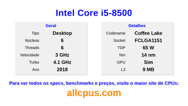 Intel Core i5-8500 Especificações e benchmarks da CPU