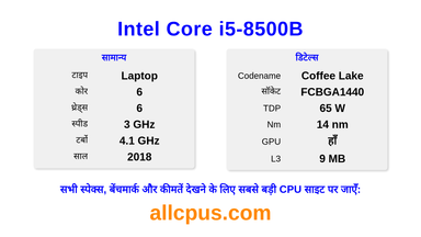 Intel Core i5-8500B CPU की स्पेसिफिकेशन और बेंचमार्क