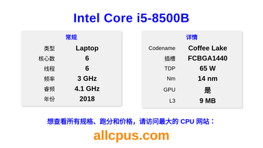 Intel Core i5-8500B CPU 规格和跑分