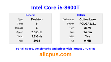 Intel Core i5-8600T CPU Specifications and Benchmark