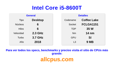 Intel Core i5-8600T Especificaciones y benchmarks de la CPU