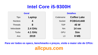 Intel Core i5-9300H Especificações e benchmarks da CPU