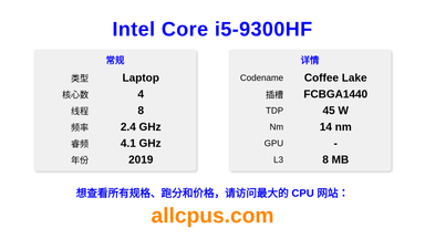 Intel Core i5-9300HF CPU 规格和跑分
