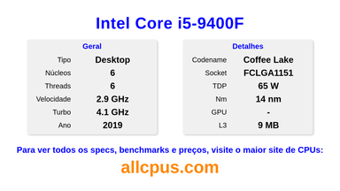 Intel Core i5-9400F Especificações e benchmarks da CPU