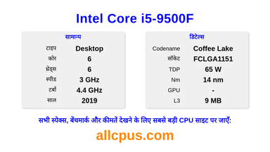 Intel Core i5-9500F CPU की स्पेसिफिकेशन और बेंचमार्क
