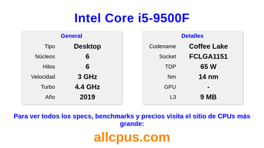 Intel Core i5-9500F Especificaciones y benchmarks de la CPU