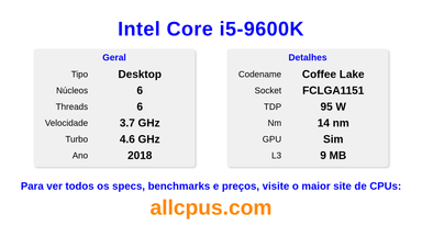Intel Core i5-9600K Especificações e benchmarks da CPU
