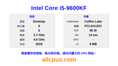 Intel Core i5-9600KF CPU 规格和跑分