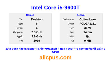 Intel Core i5-9600T Характеристики и бенчмарки CPU