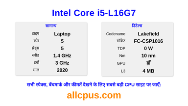 Intel Core i5-L16G7 CPU की स्पेसिफिकेशन और बेंचमार्क
