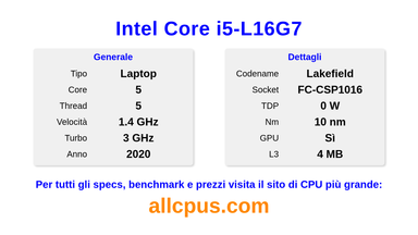 Intel Core i5-L16G7 Specifiche e benchmark della CPU