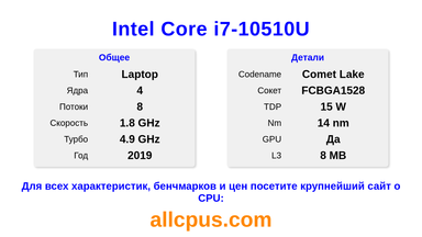 Intel Core i7-10510U Характеристики и бенчмарки CPU