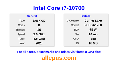 Intel Core i7-10700 CPU Specifications and Benchmark