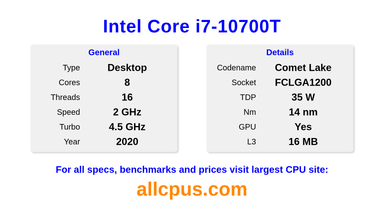 Intel Core i7-10700T CPU Specifications and Benchmark