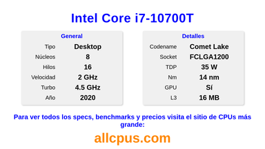 Intel Core i7-10700T Especificaciones y benchmarks de la CPU