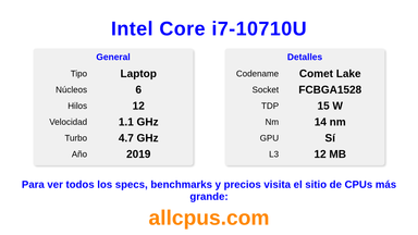 Intel Core i7-10710U Especificaciones y benchmarks de la CPU
