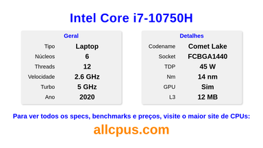 Intel Core i7-10750H Especificações e benchmarks da CPU