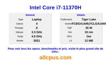 Intel Core i7-11370H Spécifications et benchmarks du CPU