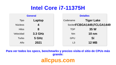 Intel Core i7-11375H Especificaciones y benchmarks de la CPU