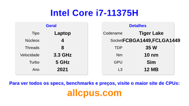 Intel Core i7-11375H Especificações e benchmarks da CPU