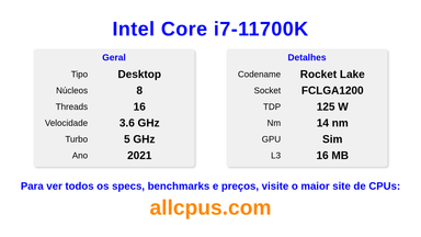 Intel Core i7-11700K Especificações e benchmarks da CPU